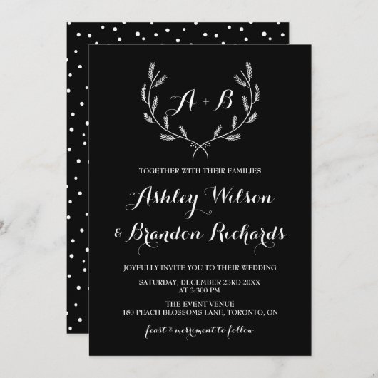 Black Whimsical Winter Wreath I Wedding Invitation Kaart (Voorkant / Achterkant)