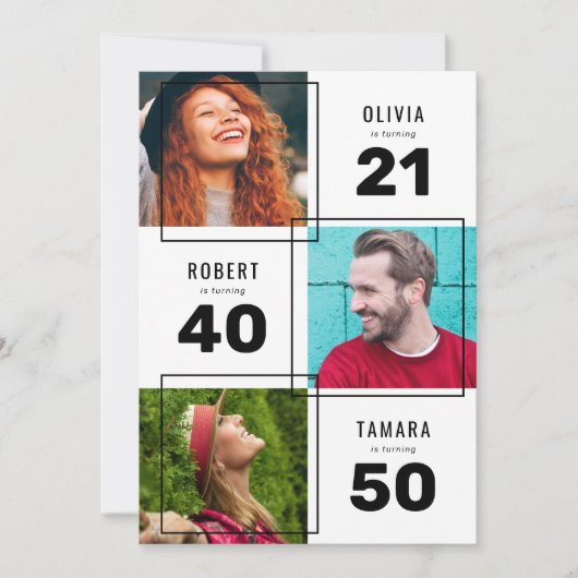 Black White 3 Photo Joint Birthday Party Kaart (Voorkant)