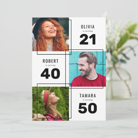 Black White 3 Photo Joint Birthday Party Kaart (Staand voorkant)