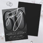 Black White 60th Anniversary Party Kaart<br><div class="desc">Celebrate sixty years of love with this modern 60th wedding anniversary invitation. The design features a sleek gray background with a subtle black gradient for a classic, elegant look, perfect for the traditional “diamond” theme. A large black "60" stretches across most of the card, with a handwritten script-style white "Sixty"...</div>
