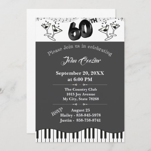 Black & White 60th Birthday Invitation with Martin Kaart (Voorkant / Achterkant)
