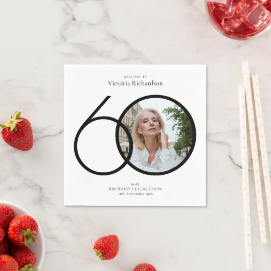 Black White 60th Birthday Minimalist Custom Photo Servet (Insitu)