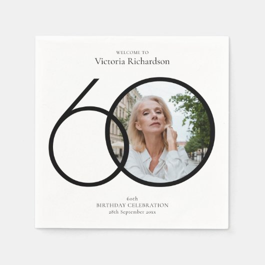 Black White 60th Birthday Minimalist Custom Photo Servet (Voorkant)
