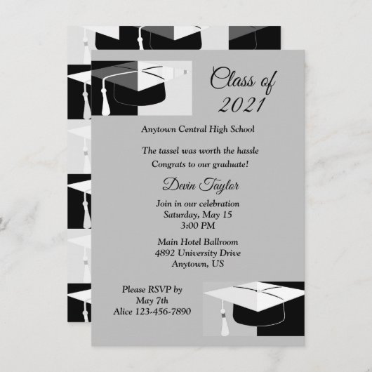 Black & White Afstuderen Petten Uitnodiging (Voorkant / Achterkant)