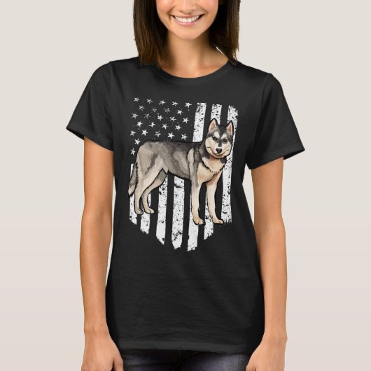 Black White American Flag Siberian Husky 4th Of Ju T-shirt (Voorkant)