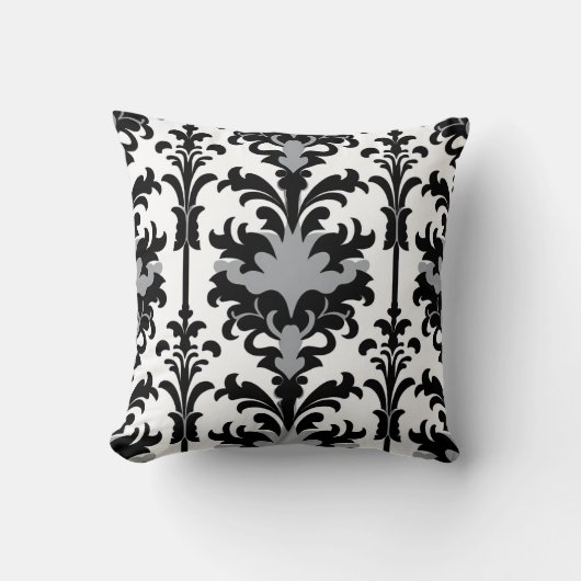Black White and Grey Floral Damask style Kussen (Voorkant)