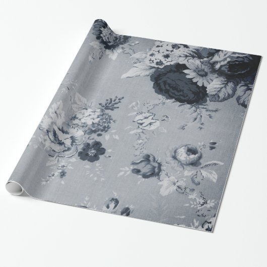 Black White Antiqued  Floral Toile Fabric Cadeaupapier (Uitgerold)