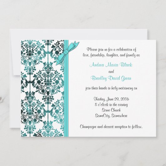 Black White Aqua Damask Floral Wedding Invitation Kaart (Voorkant)