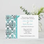 Black White Aqua Damask Floral Wedding Invitation Kaart (Staand voorkant)