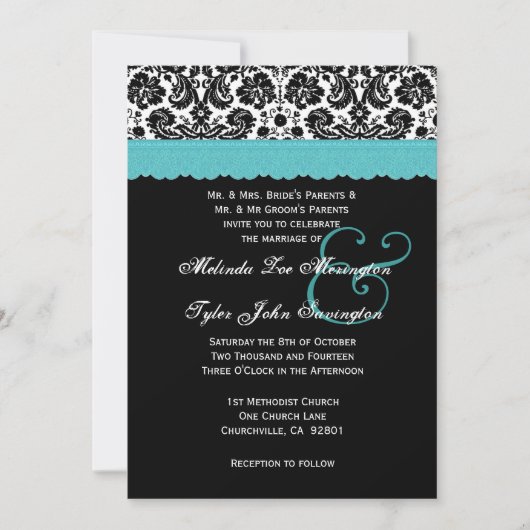 Black White Aqua Lace Flower Damask Wedding V21 Kaart (Voorkant)