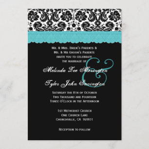 Black White Aqua Lace Flower Damask Wedding V21 Kaart