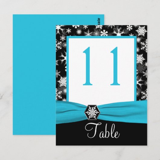Black, White, Aqua Snowflakes Table Number Kaart (Voorkant / Achterkant)