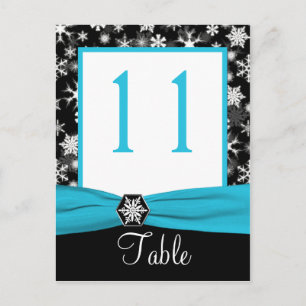 Black, White, Aqua Snowflakes Table Number Kaart