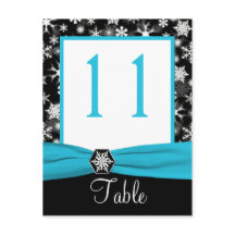 Black, White, Aqua Snowflakes Table Number Kaart
