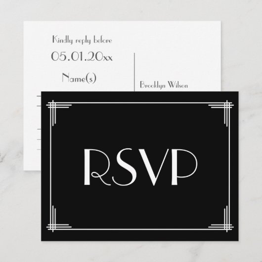 Black White Art Deco Great Gatsby Wedding RSVP Uitnodiging Briefkaart (Voorkant / Achterkant)