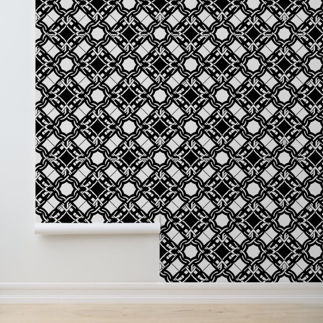 Black White Art Deco Interlaced Pattern Behang (Applicatie)