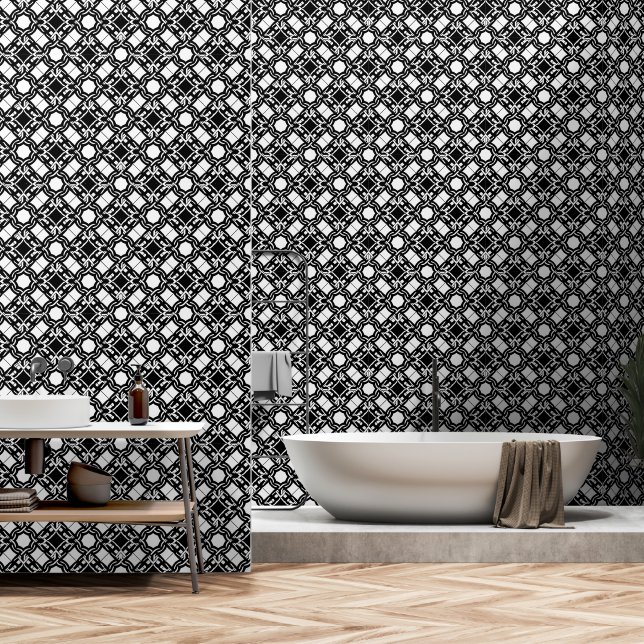 Black White Art Deco Interlaced Pattern Behang (Badkamer)