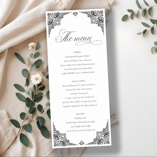 Black White Art Deco  Wedding Menu Kaart