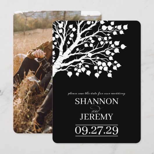 Black & White Aspen Tree Wedding Save The Date (Voorkant / Achterkant)