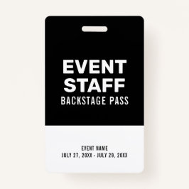 Black & White Backstage Pass Event Staff Black ID Badge