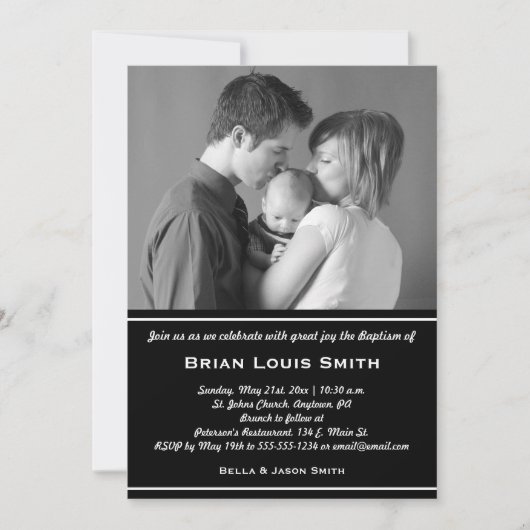 Black White Baptism Photo Invitation Kaart (Voorkant)