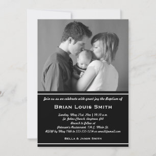 Black White Baptism Photo Invitation Kaart