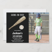 Black White Baseball Birthday met foto Kaart (Voorkant)