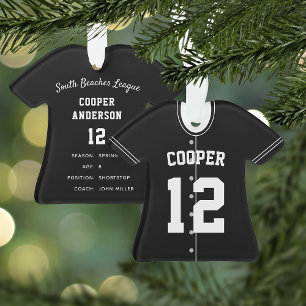 Black & White Baseball Jersey Player Stats Ornament