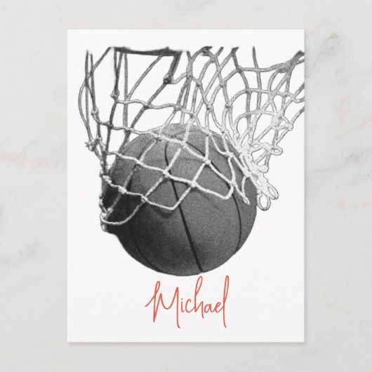 Black & White Basketball Ball & Net Your Name Briefkaart (Voorkant)