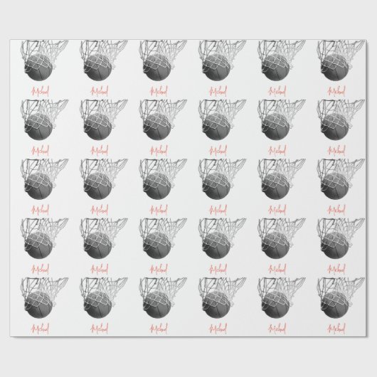 Black & White Basketball Ball & Net Your Name Cadeaupapier (Vlak)