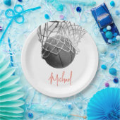 Black & White Basketball Ball & Net Your Name Papieren Bordje (Feest)