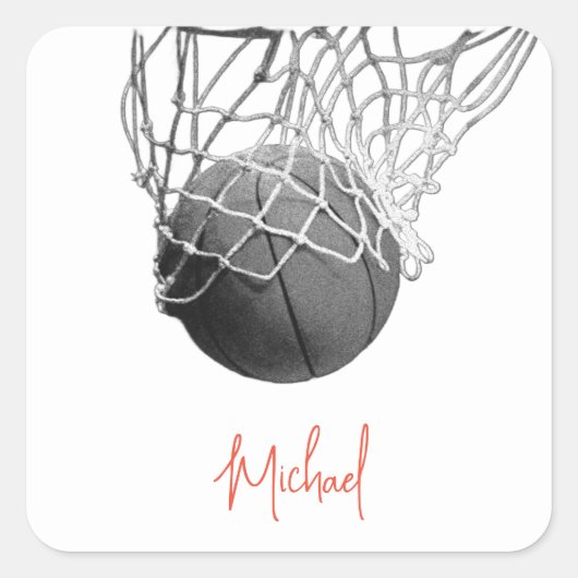Black & White Basketball Ball & Net Your Name Vierkante Sticker (Voorkant)