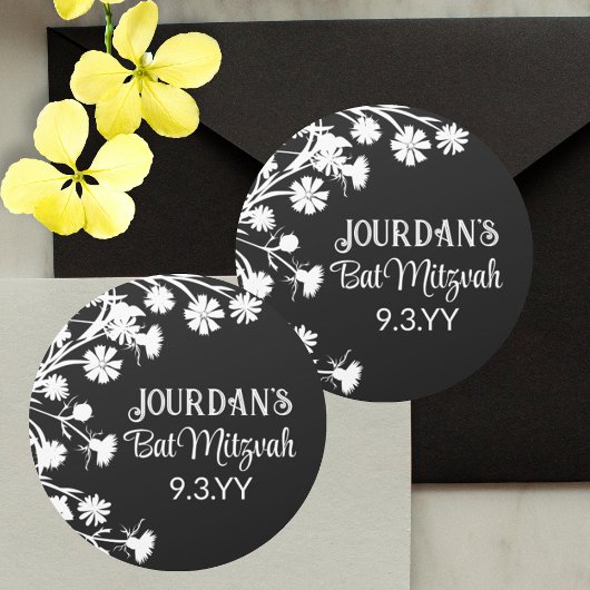 Black White Bat Mitzvah Party Favor Ronde Sticker