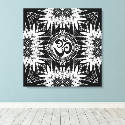 Black White Batik Om Sign Mandala New age Canvas (Insitu (Houten vloer))