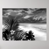 Black white Beach Ocean Palm Hibiscus bloemen Poster (Voorkant)