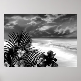 Black white Beach Ocean Palm Hibiscus bloemen Poster