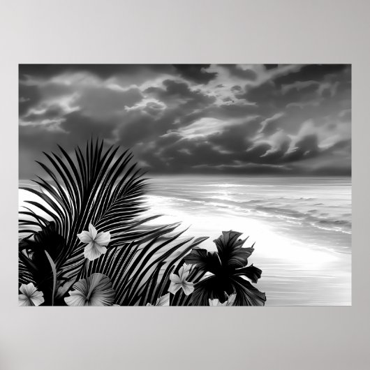 Black white Beach Ocean Palm Hibiscus bloemen Poster (Voorkant)