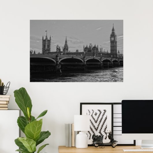 Black White Big Ben Tower Palace van Westminster Poster (Thuiskantoor)