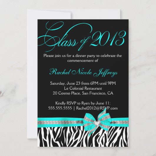 Black White Blauwgroen Zebra Invitation Kaart (Voorkant)