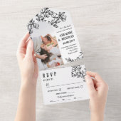 Black White Blossoming Branches Foto Wedding All In One Uitnodiging (Afscheurbaar)