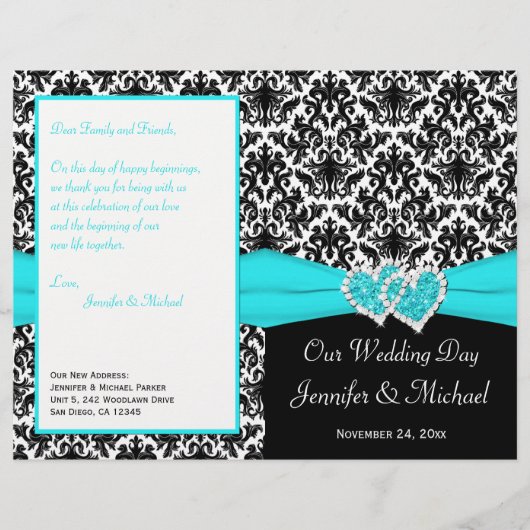 Black White Blue Damask Hearts Wedding Program (Voorkant)