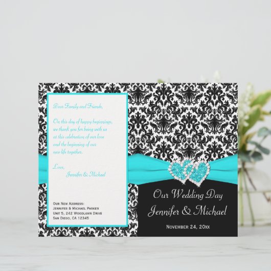 Black White Blue Damask Hearts Wedding Program (Staand voorkant)