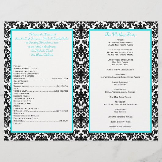 Black White Blue Damask Hearts Wedding Program (Achterkant)