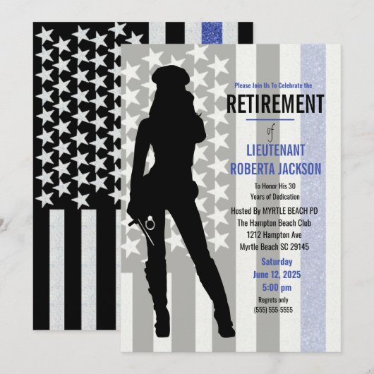 Black White Blue Flag Police Woman Retirement Kaart (Voorkant / Achterkant)