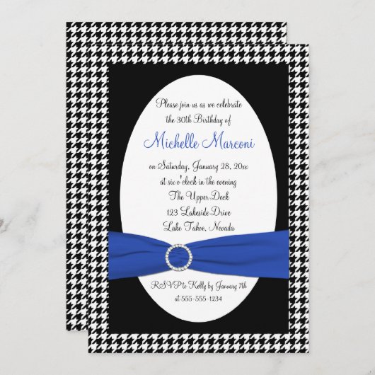Black White Blue Houndstooth 30th Birthday Invite Kaart (Voorkant / Achterkant)