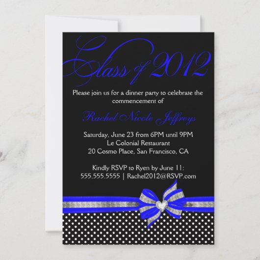 Black White Blue Polka Dot Afstuderen Invitation Kaart (Voorkant)