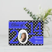 Black White Blue Polka Dot Photo Afstuderen Invite Kaart (Staand voorkant)