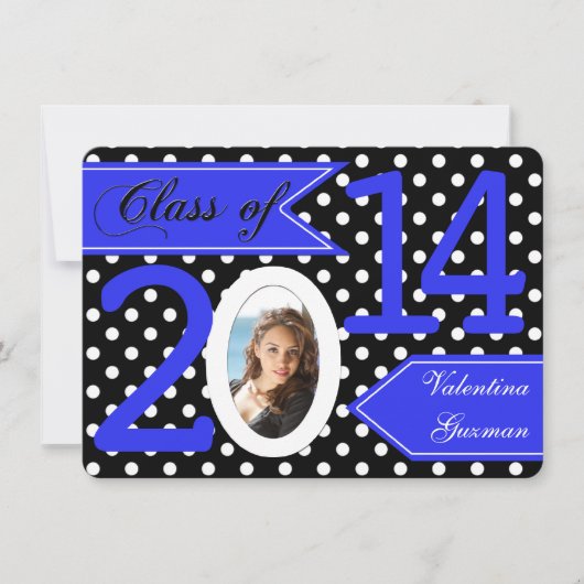 Black White Blue Polka Dot Photo Afstuderen Invite Kaart (Voorkant)