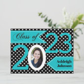 Black White Blue Polka Dot Photo Afstuderen Invite Kaart (Staand voorkant)