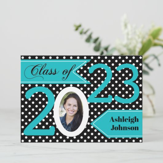 Black White Blue Polka Dot Photo Afstuderen Invite Kaart (Staand voorkant)
